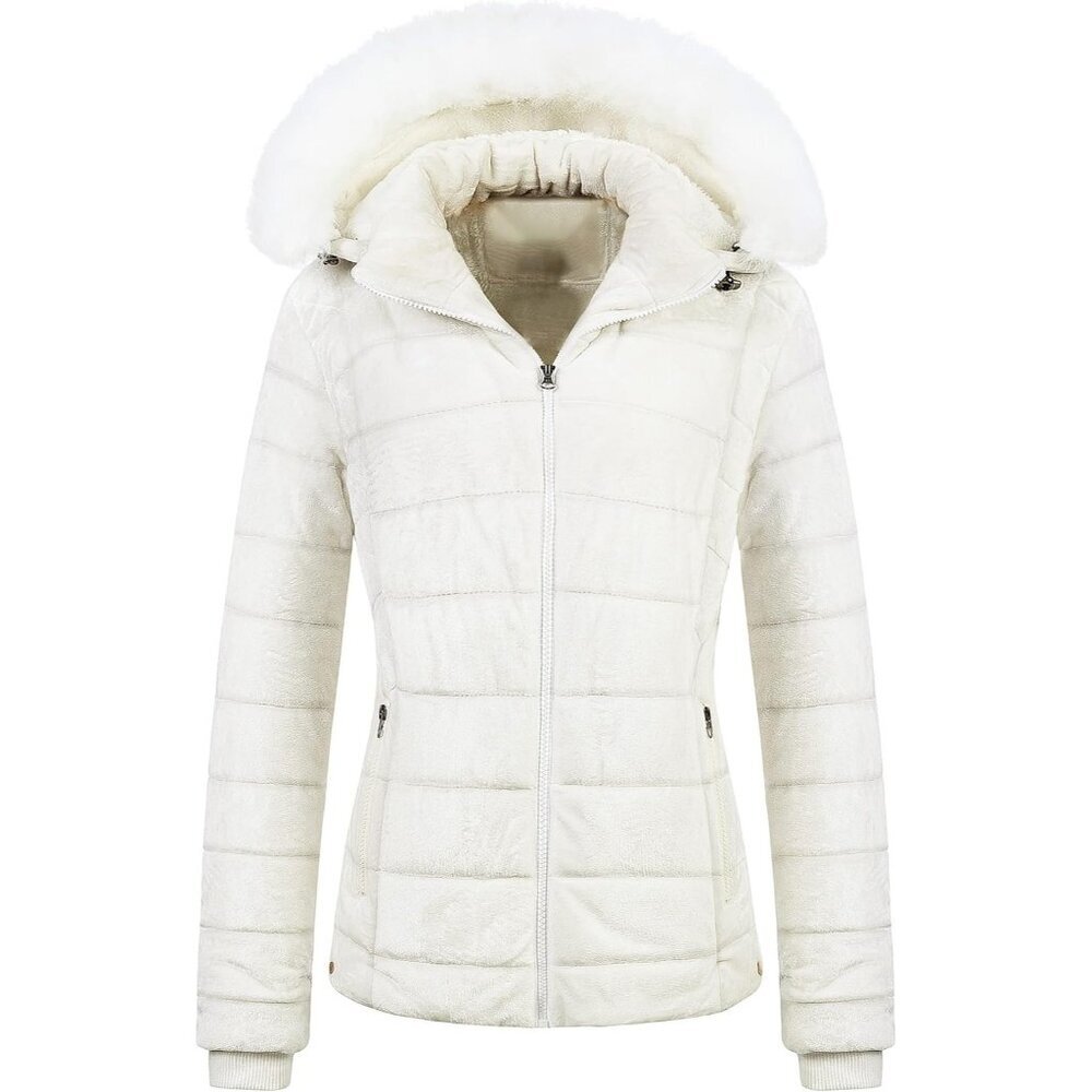 Women's Cream Velvet Puffer Jackets Coat Faux Fur Lining Winter Removable Hood
